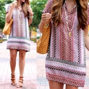 J.Crew Multicolor Geometric Print Short Sleeve Collar Silk Dress Size 00 / XXS